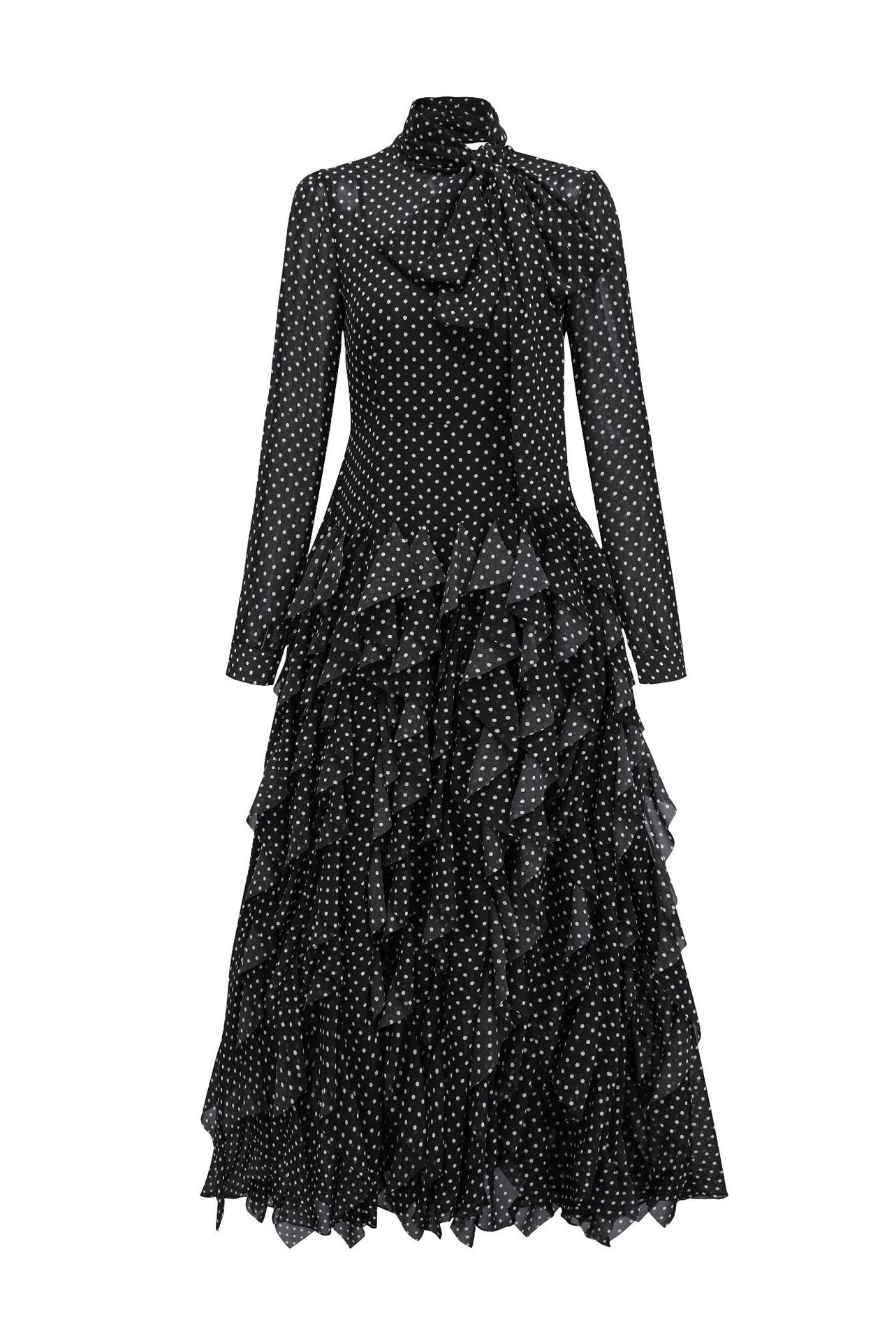 Polka Dot Mock-Neck Midi Dress-Black