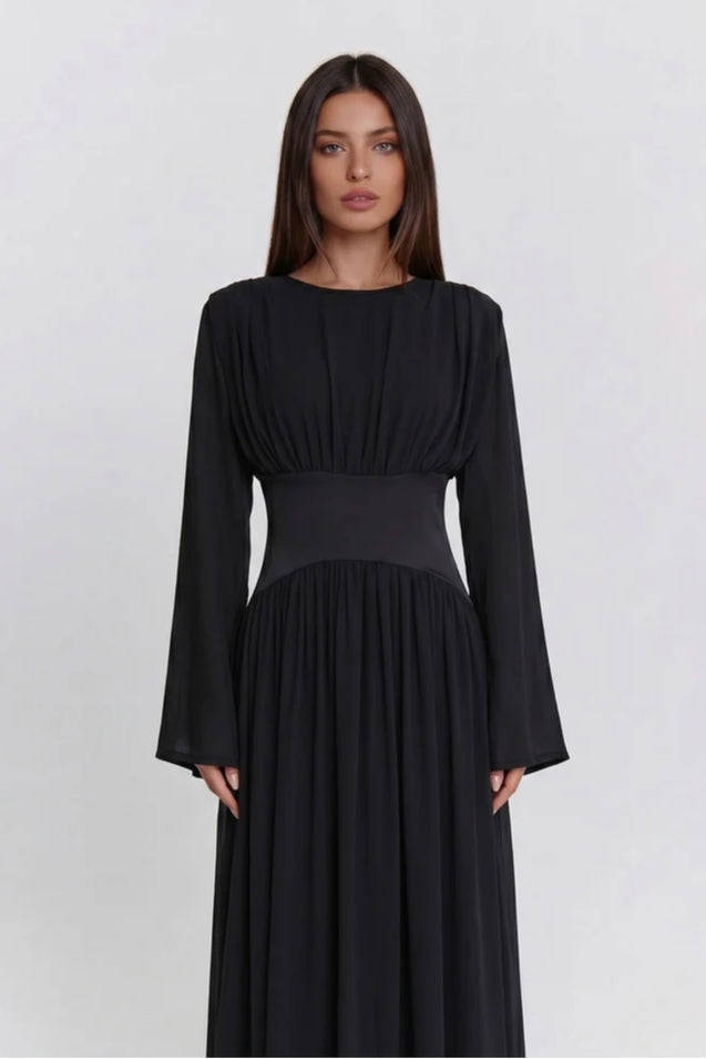 Iris Gathered Waist Flare Sleeve Maxi Dress-Black