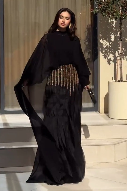 Grace Fringe Embellished Cape Maxi Dress