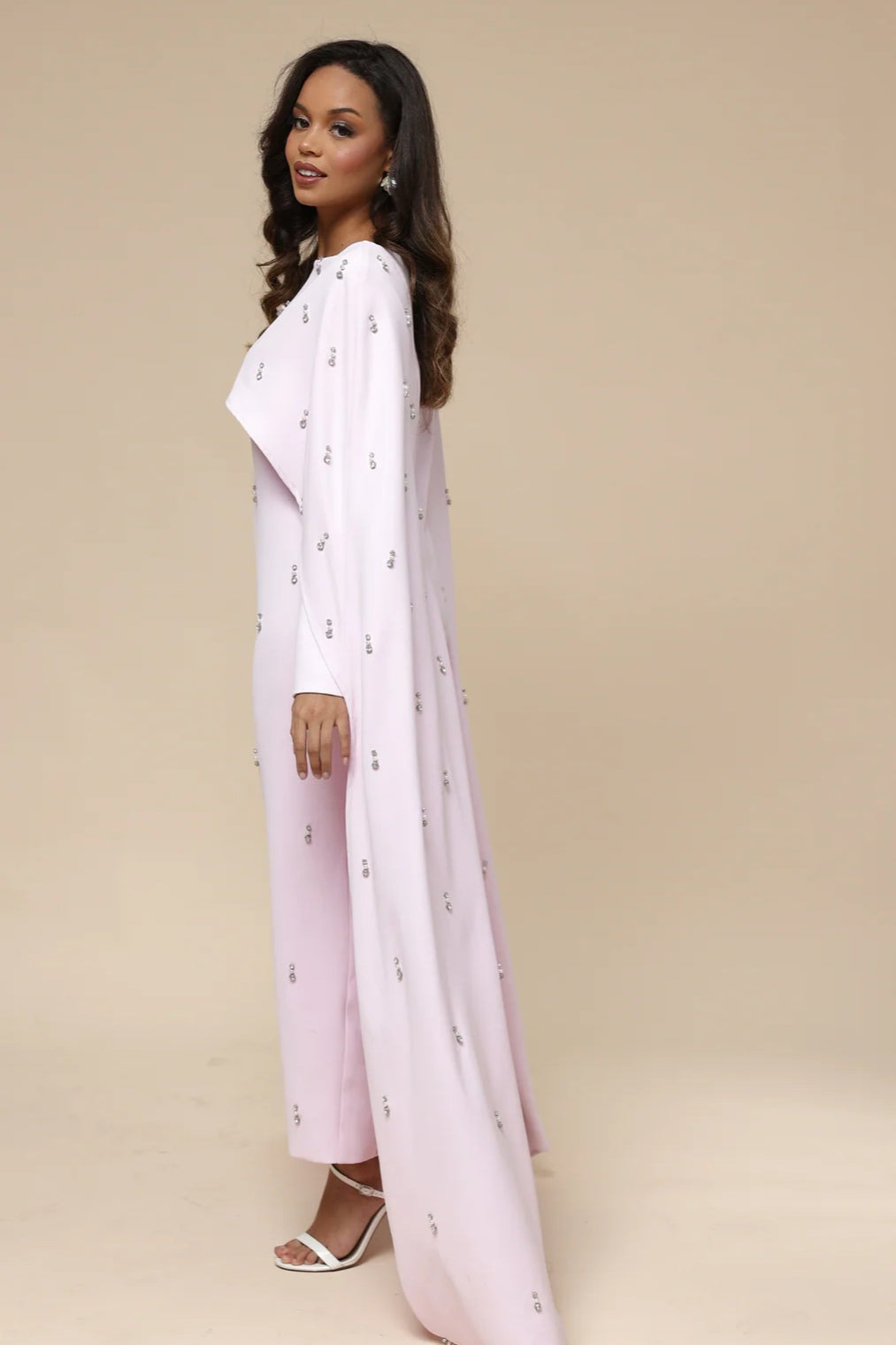 Embellished Cape-Sleeve Modest Two-Piece Gown-Pink