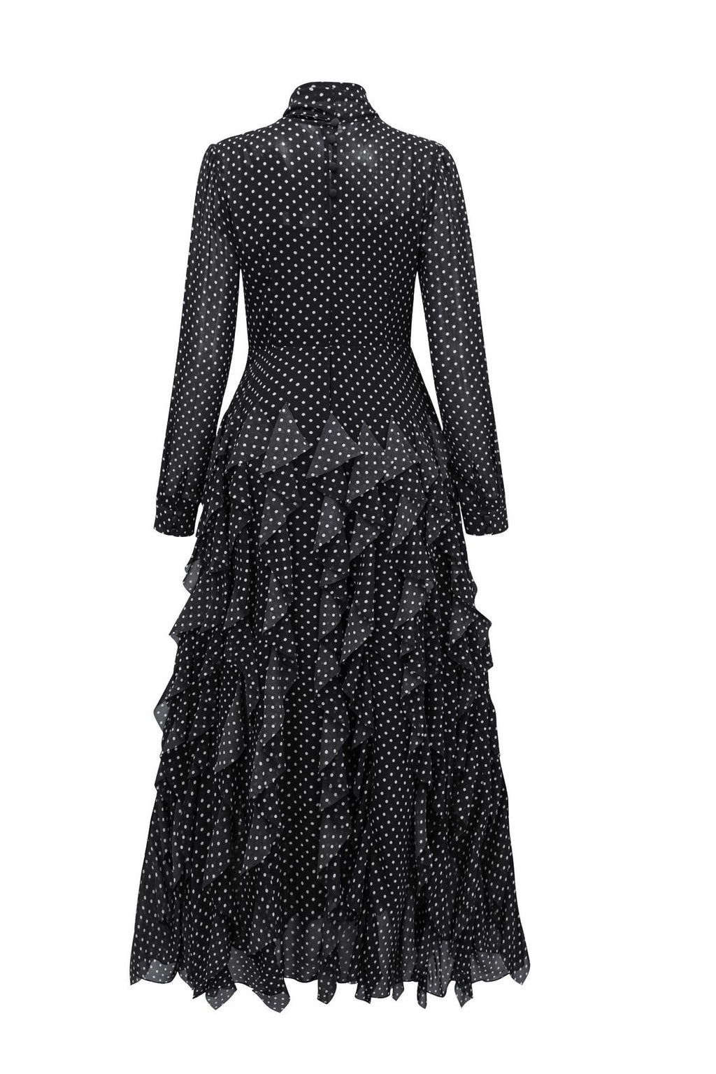 Polka Dot Mock-Neck Midi Dress-Black