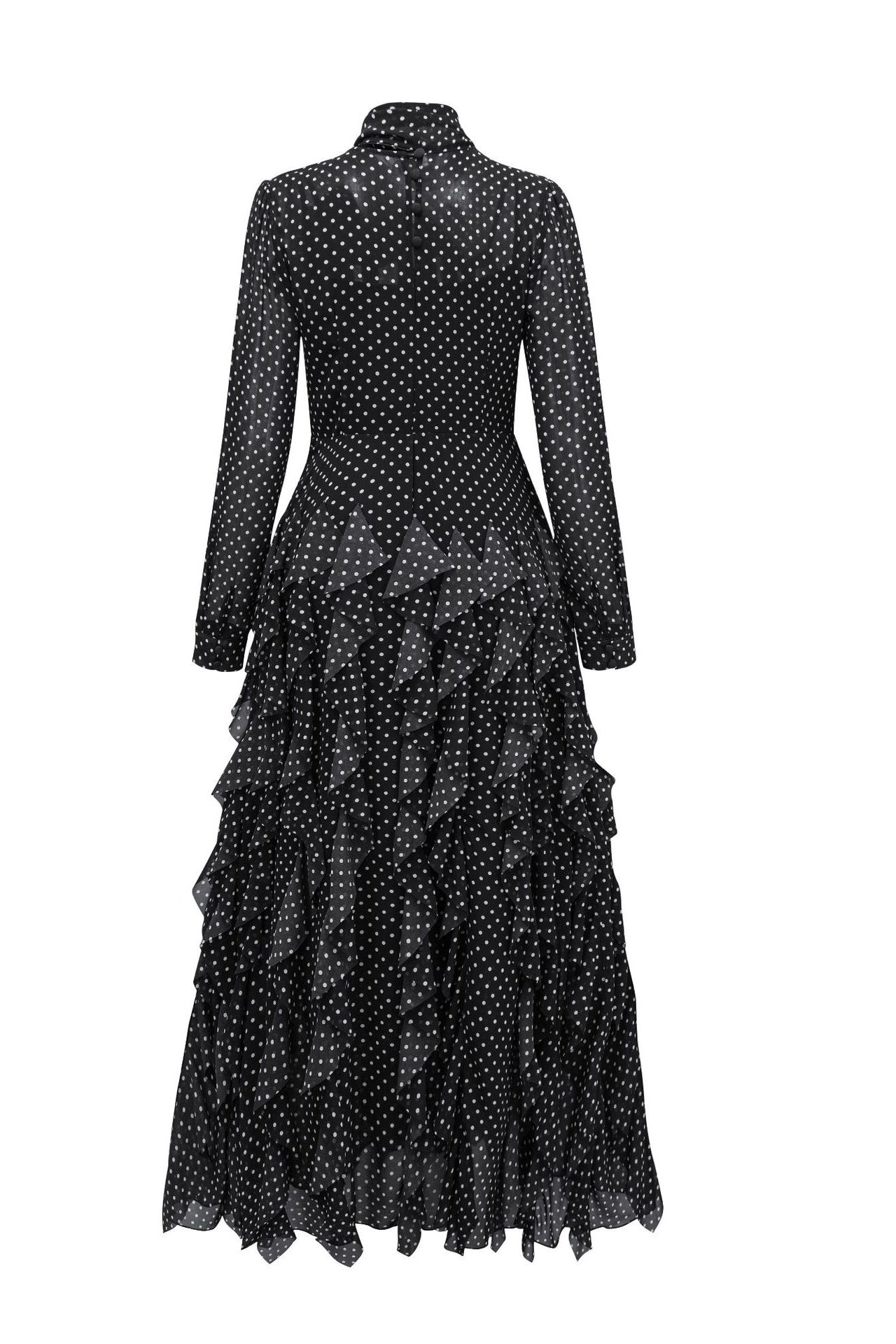 Polka Dot Mock-Neck Midi Dress-Black