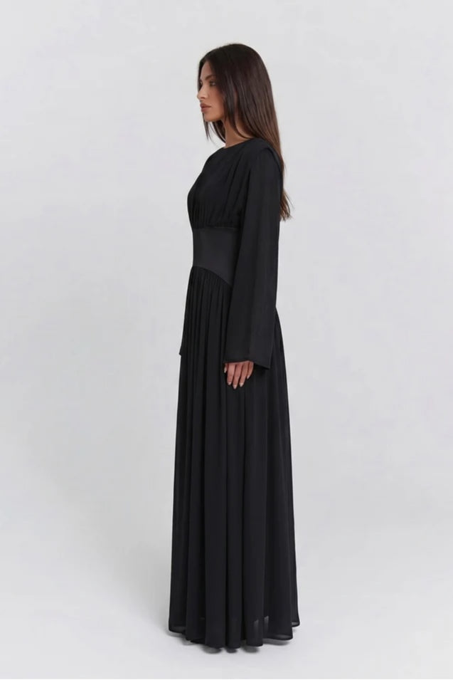 Iris Gathered Waist Flare Sleeve Maxi Dress-Black