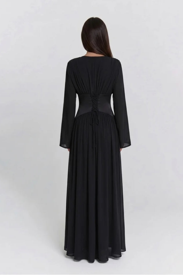 Iris Gathered Waist Flare Sleeve Maxi Dress-Black