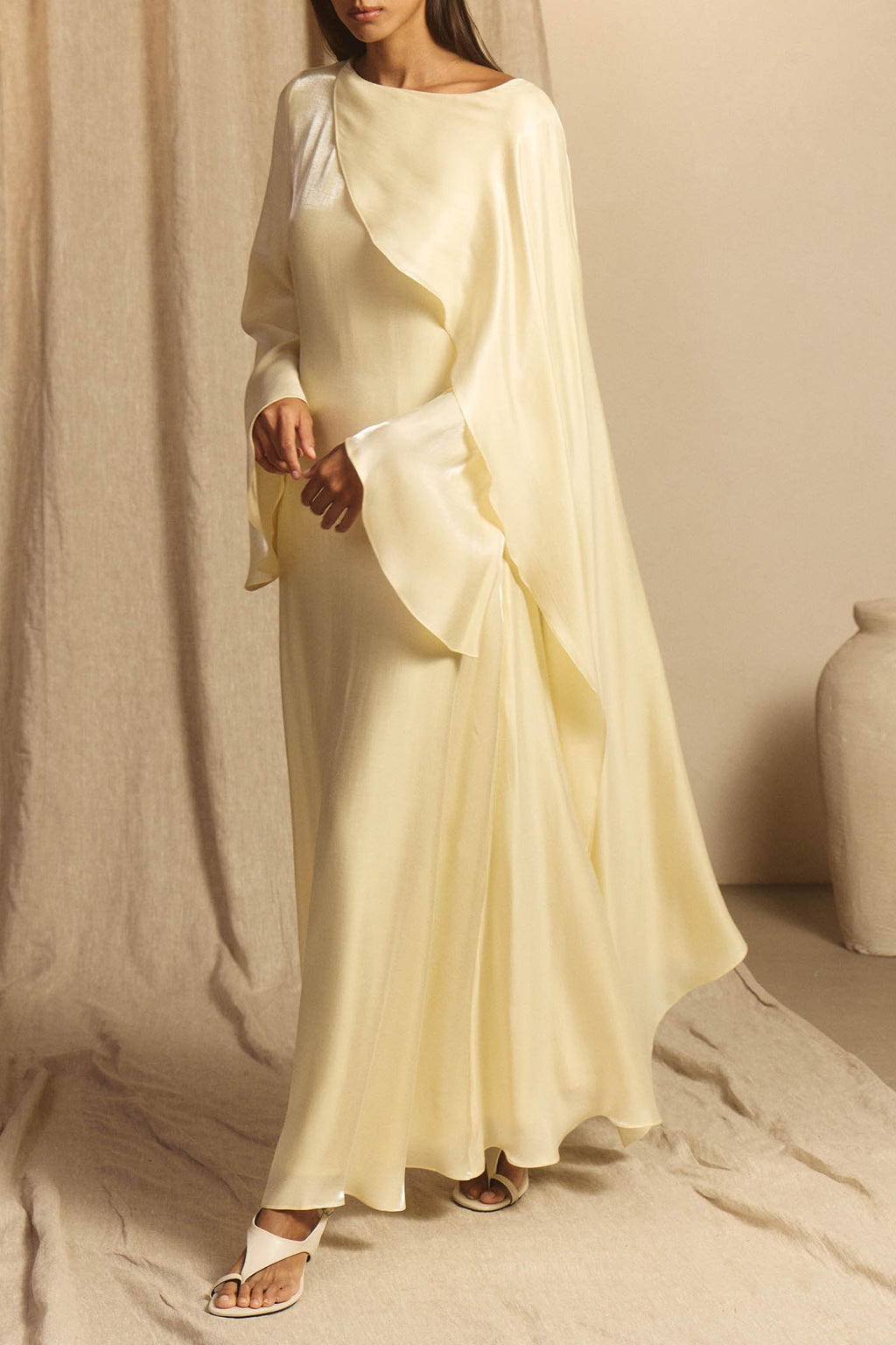 Elegant Cape-Sleeve Modest Maxi Dress-Yellow