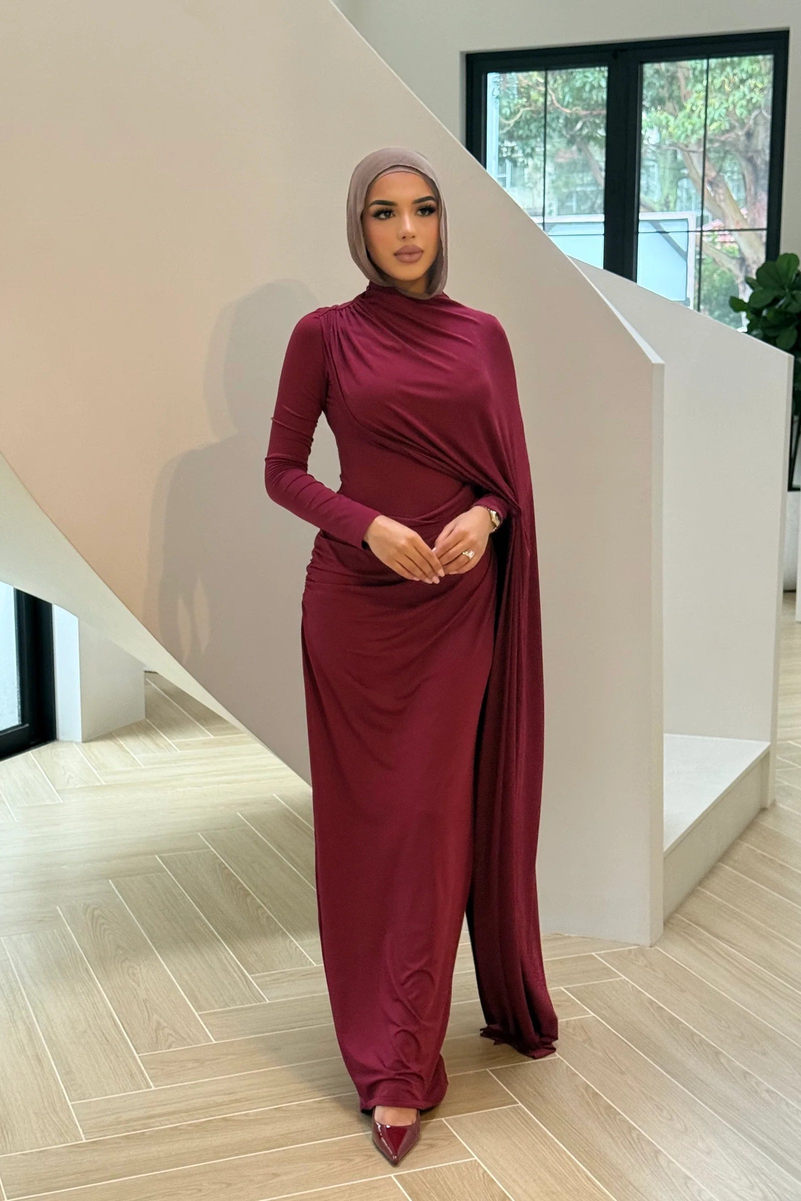 Wrapped Shroud Neck Ruched Maxi Dress