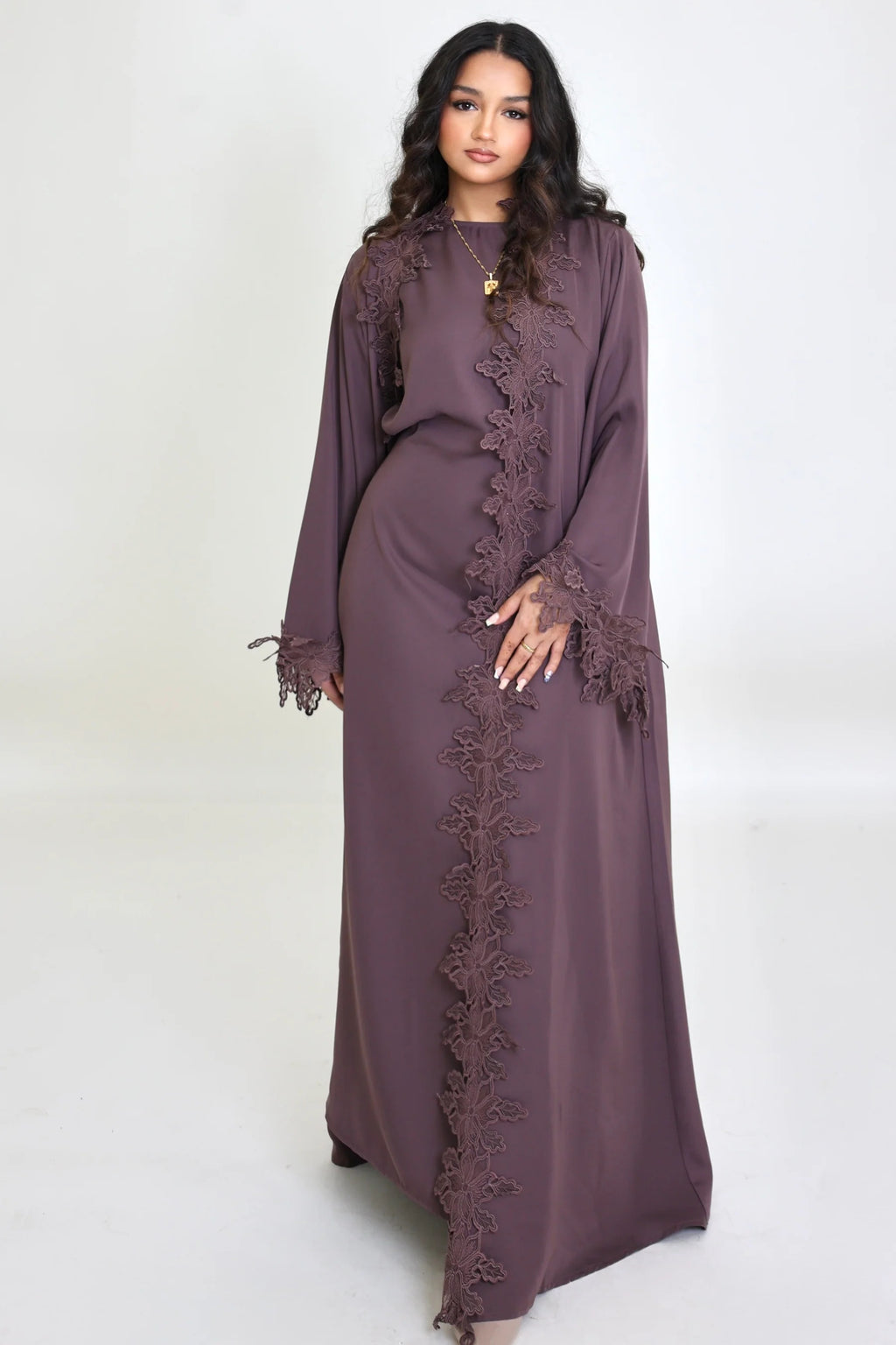 Sahara Floral Lace Trim Two Piece Abaya Set-Purple