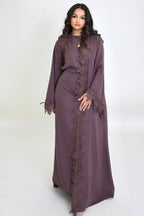 Sahara Floral Lace Trim Two Piece Abaya Set-Purple