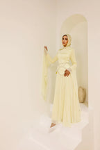 Lina Beaded Cape‑Sleeve Flowy Maxi Dress-Yellow
