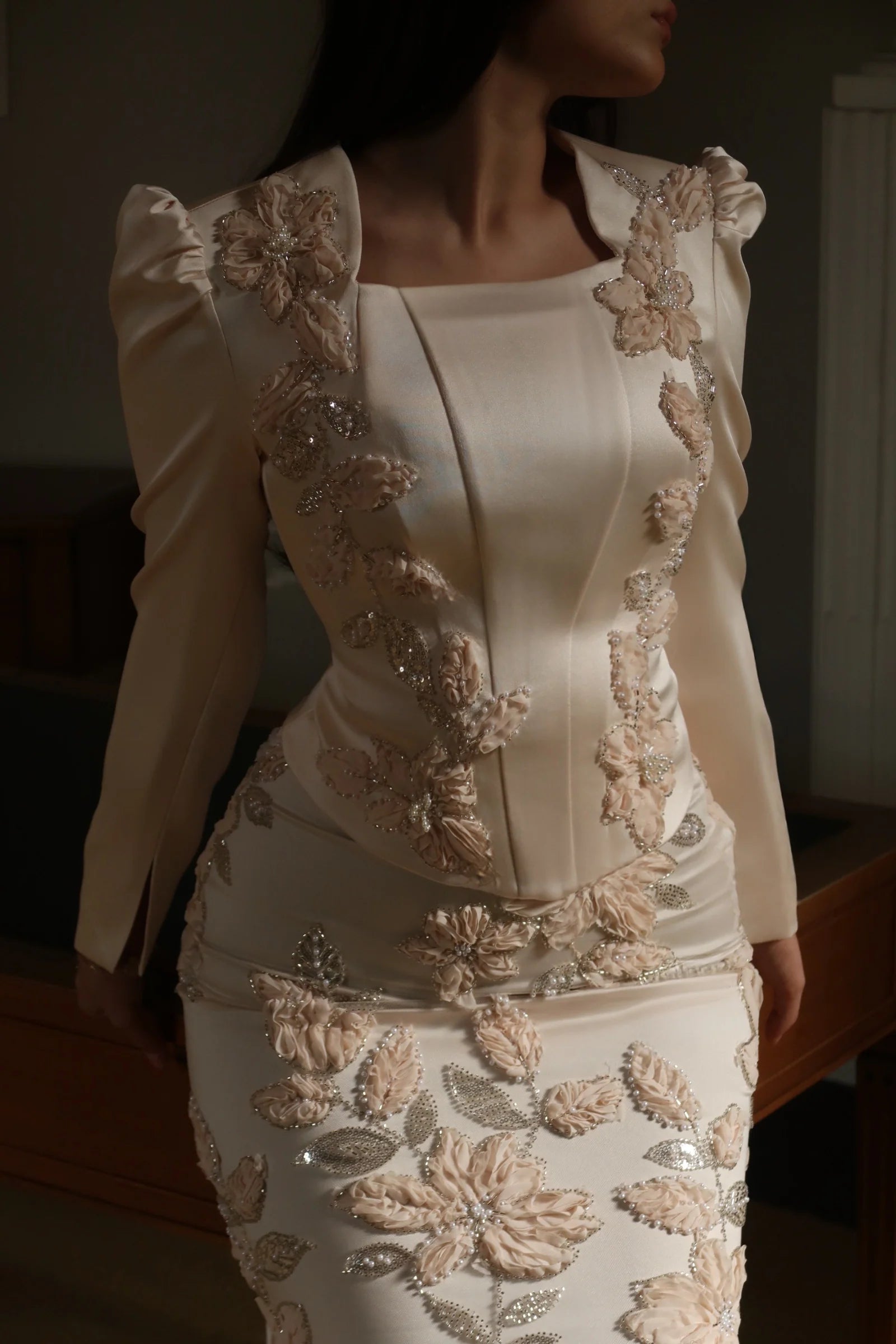 Liora Crystal Floral Evening Matching Set-White
