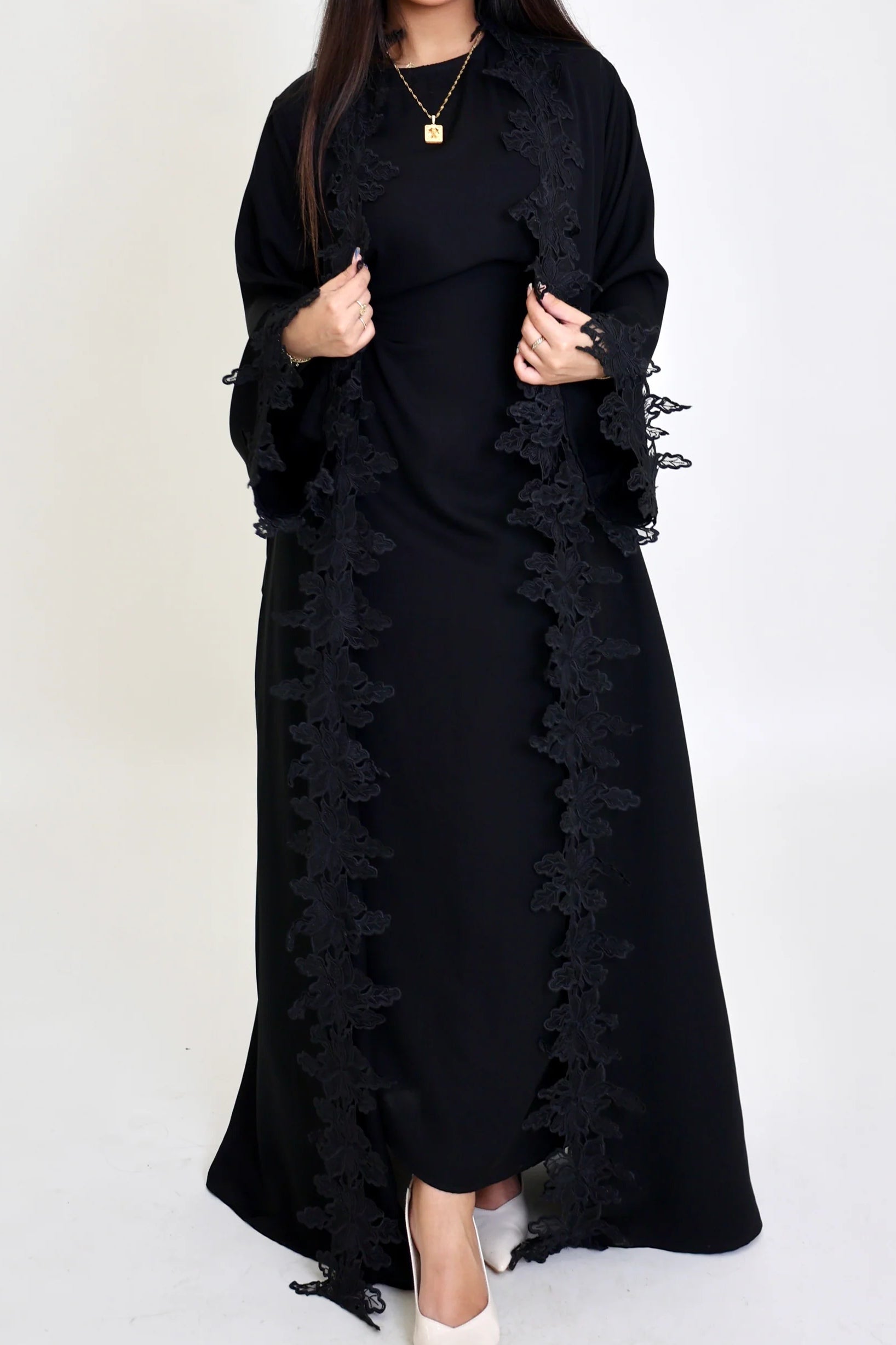 Sahara Floral Lace Trim Two Piece Abaya Set-Black