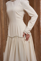 Elegant Peplum Maxi Dress with Crystal Scalloped Trim-White