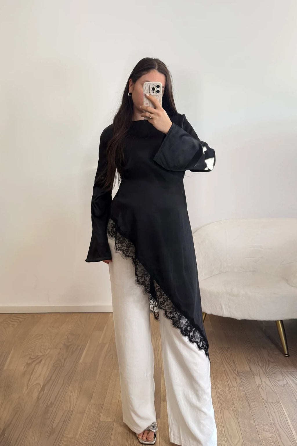 Lace-Trimmed Asymmetric Satin Modest Tunic-Black