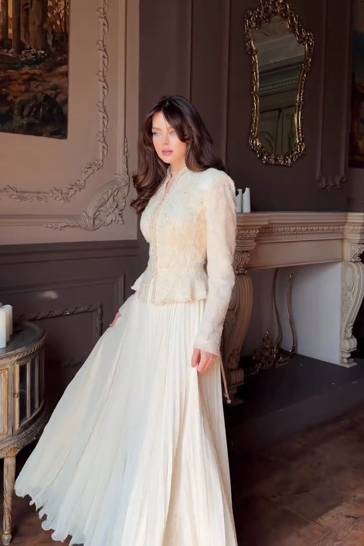 Embellished Peplum Jacket and Pleated Maxi Skirt Two-Piece Set