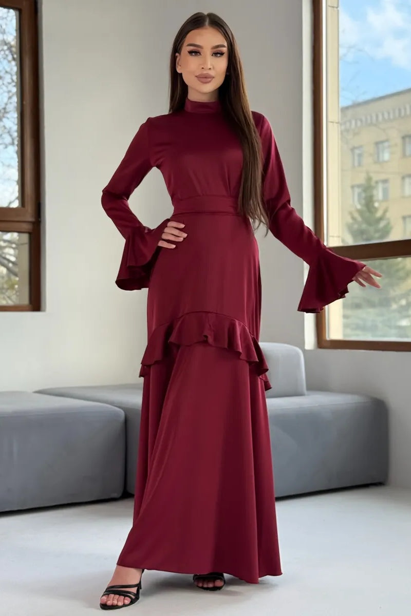 Huda High Neck Flare Sleeve Ruffle Maxi Dress-Red