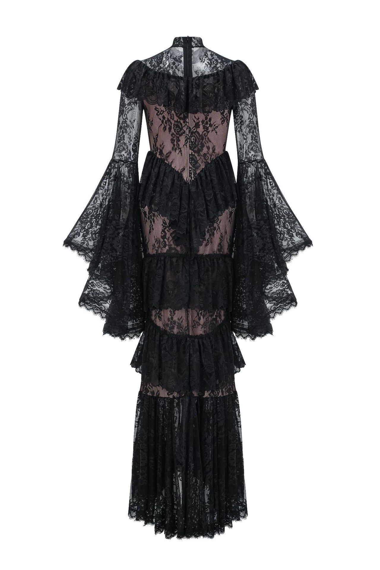 Coveie Lace Ruffle Maxi Dress - Black
