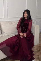 Ranya Beaded Velvet Flare Sleeve Maxi Dress