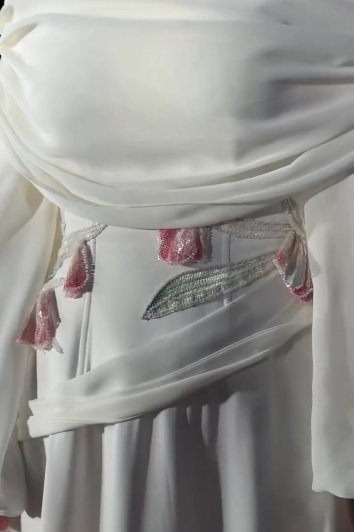 Aria Tulip Embroidered Ruched Shawl Maxi Dress-White