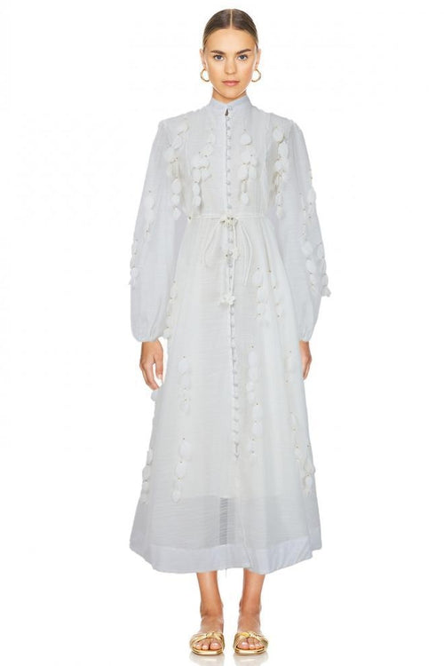 Amara Petal Applique Tie Waist Midi-White