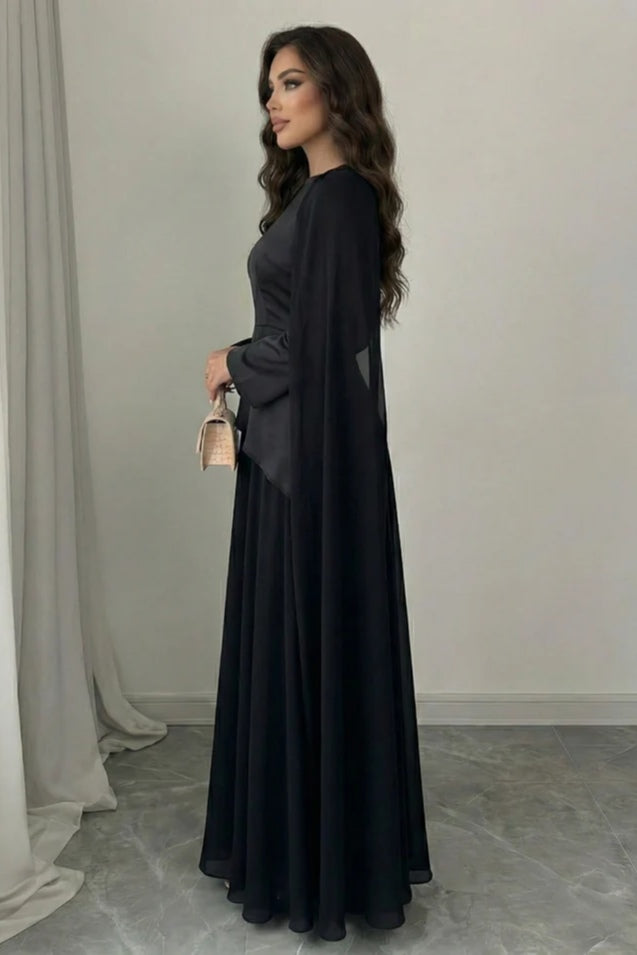 Sofia Peplum Cape Maxi Dress-Black