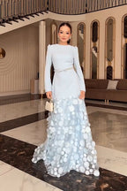 Vera 3D Petal Flare Sleeve Maxi Dress-Blue