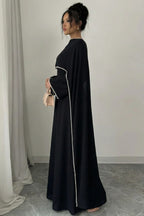 Pearl-Trimmed Cape Modest Evening Gown-Black