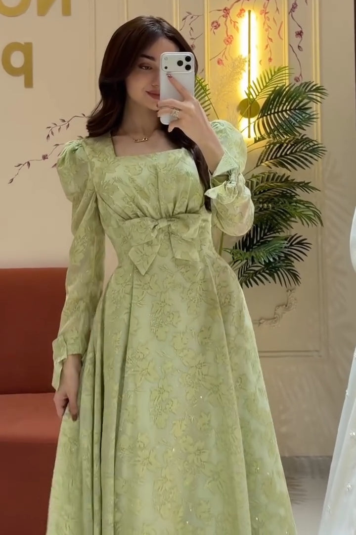 Elara Bow Floral Puff Sleeve Midi-Green