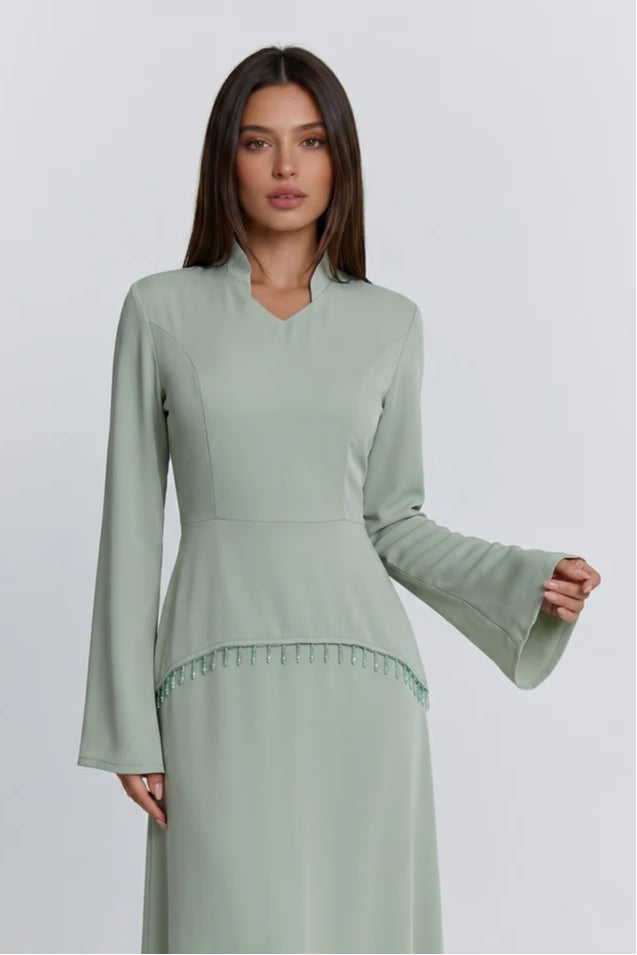 Nur V Neck Beaded Two Piece Abaya-Green