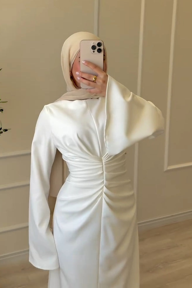 Center Ruched Satin Bell Sleeve Maxi Dress