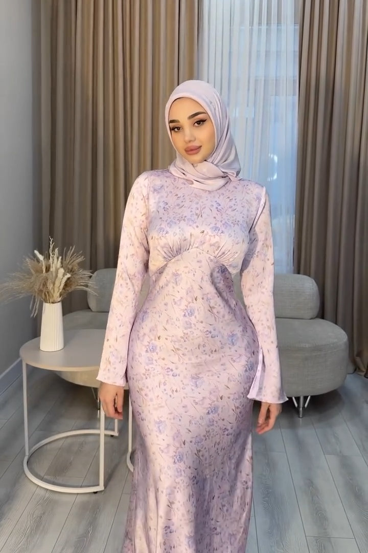 Aisha Bust Gathered Floral Satin Maxi Dress