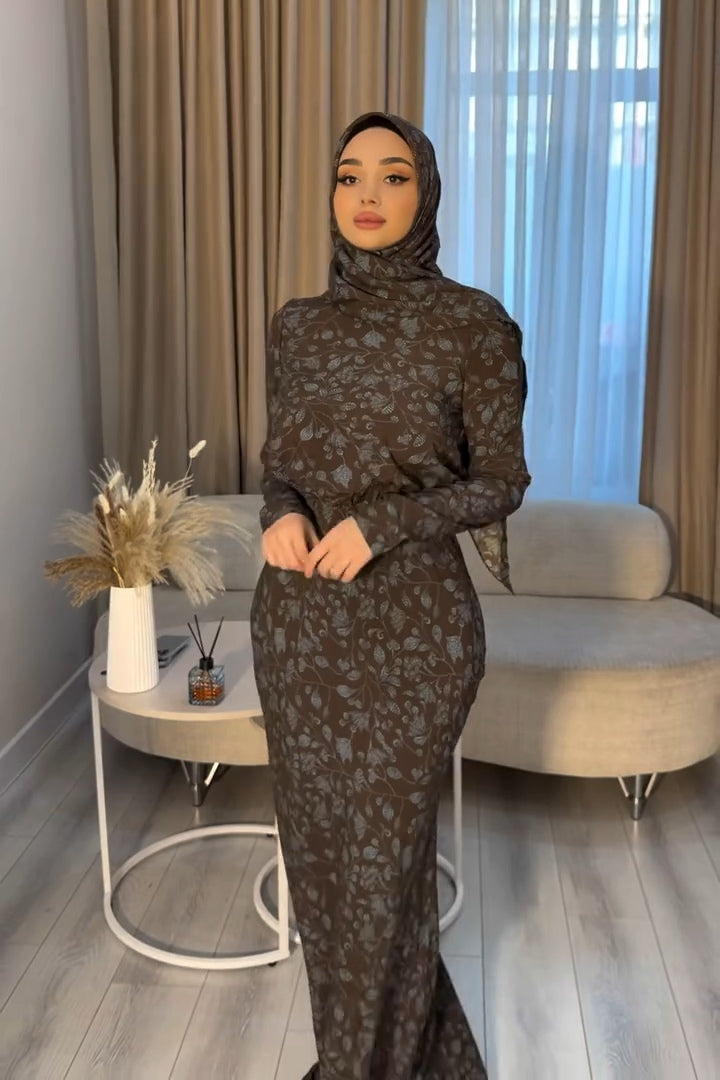 Maryam Leaf Print Waist Gathered Maxi Dress