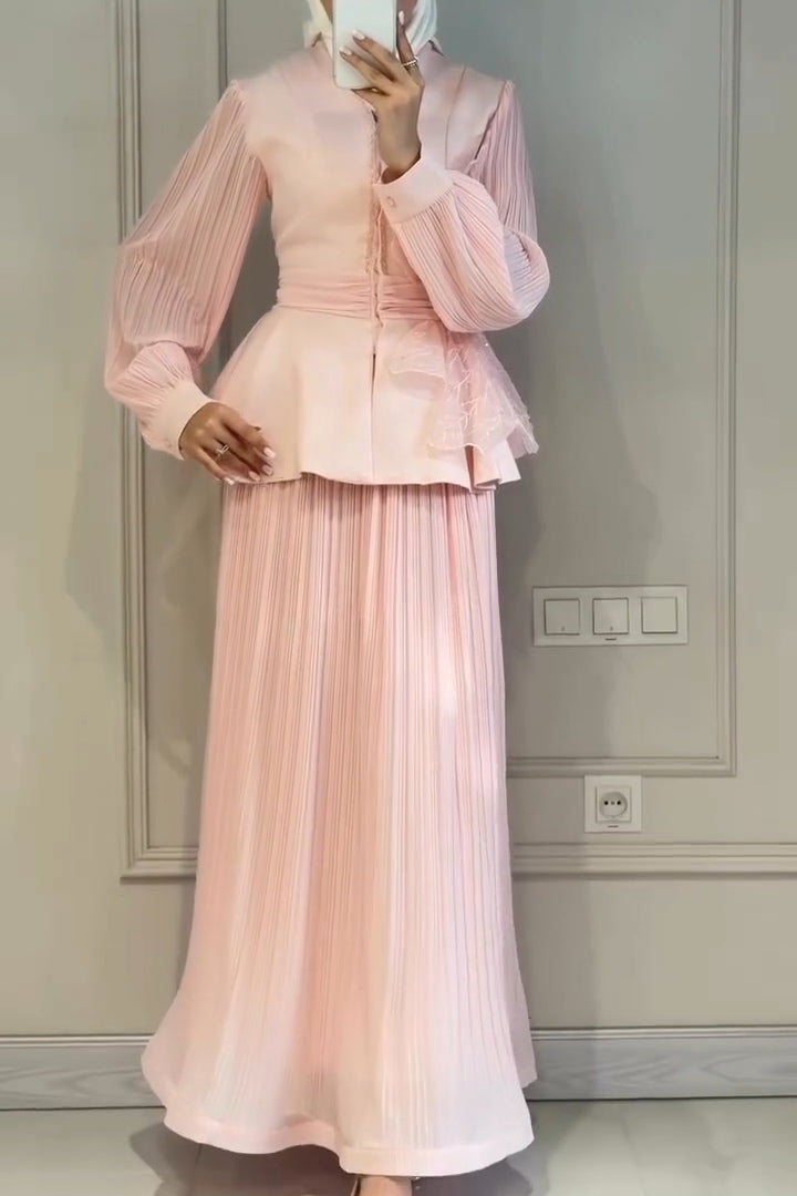 Elena Peplum Pleated Skirt Two Piece Set-Pink