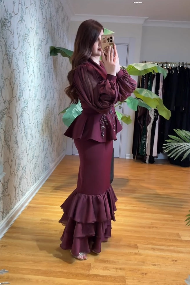 Hana Frog Button Lace Peplum Skirt Set-Wine