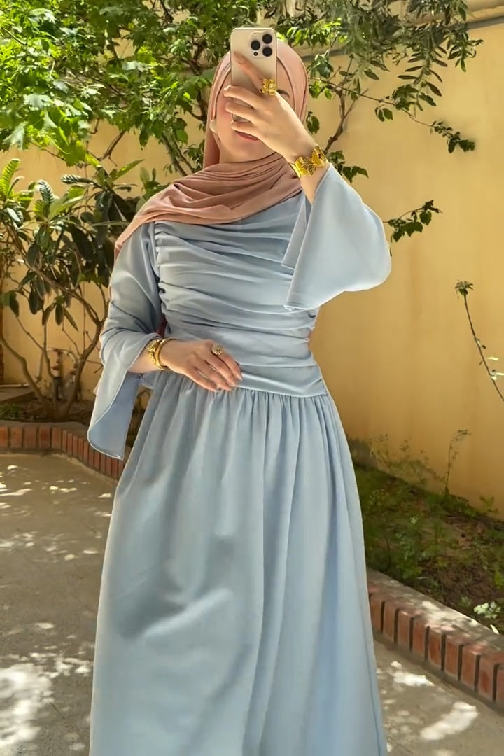 Rahma Side Ruched Flare Sleeve Maxi Dress-Blue