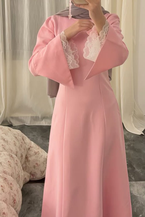 Lace Trim Flared Cuff Maxi Dress