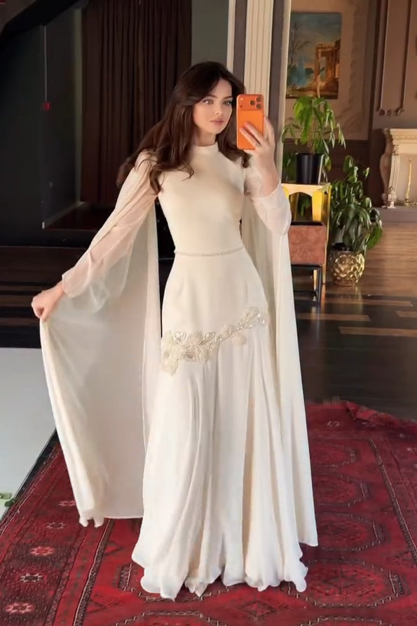 Embellished Hip High-Neck Cape Sleeve Maxi Dress