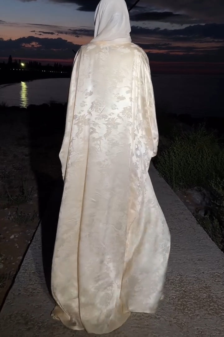 Zahra Floral Jacquard Open Abaya Set-Apricot