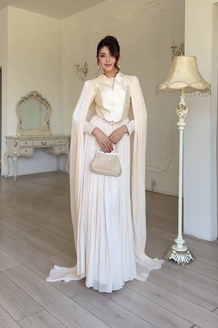 Serena Cape Sleeve Pleated Maxi Gown
