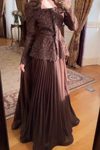 Lace Peplum Jacket and Pleated Maxi Skirt Two-Piece Set-Brown