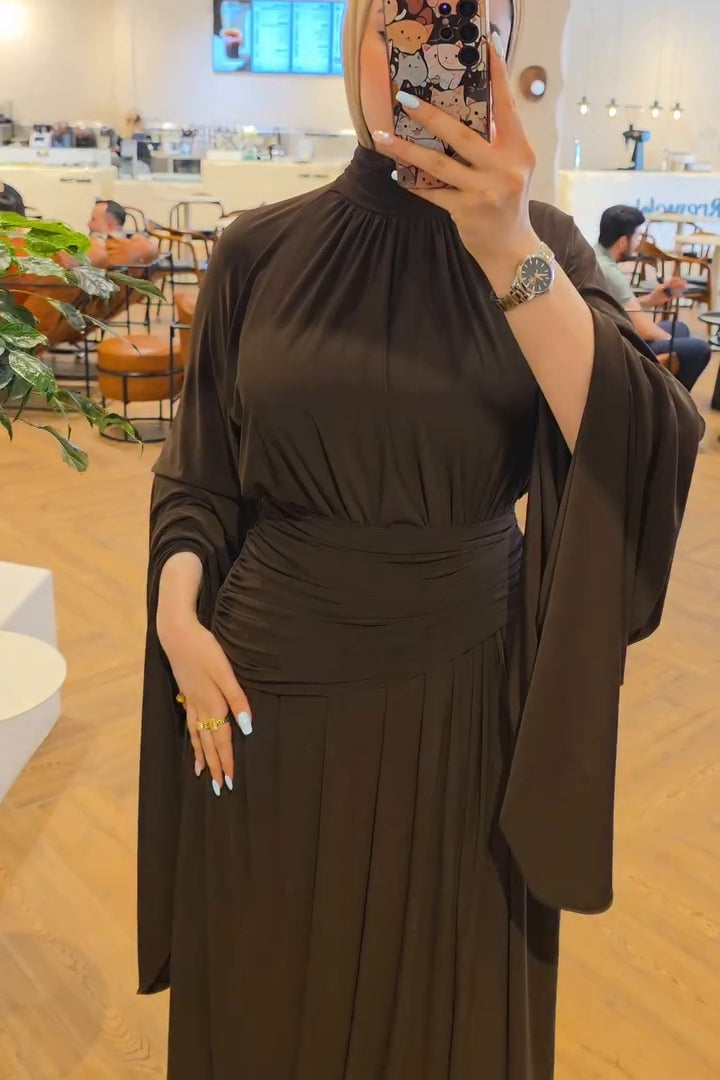 Selma Ruched High‑Neck Flare‑Sleeve Abaya