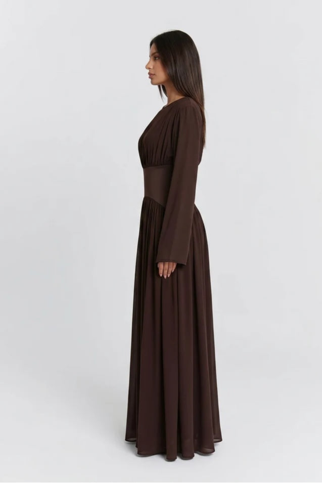 Iris Gathered Waist Flare Sleeve Maxi Dress-Coffee