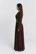 Iris Gathered Waist Flare Sleeve Maxi Dress-Coffee