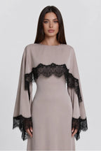 Lace-Trimmed Cape Overlay Modest Maxi Dress-Grey