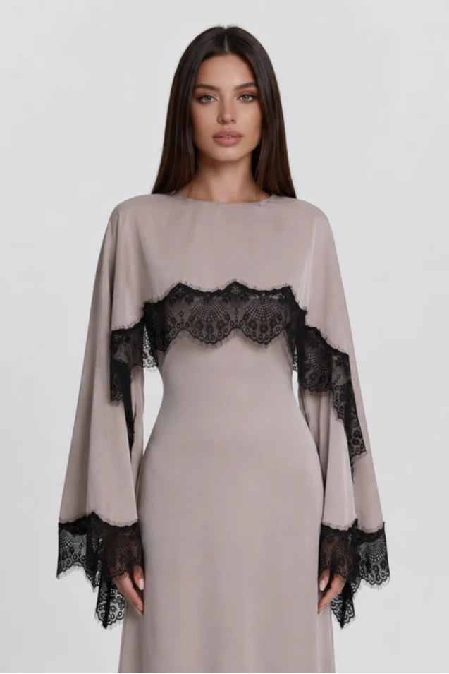 Lace-Trimmed Cape Overlay Modest Maxi Dress-Grey