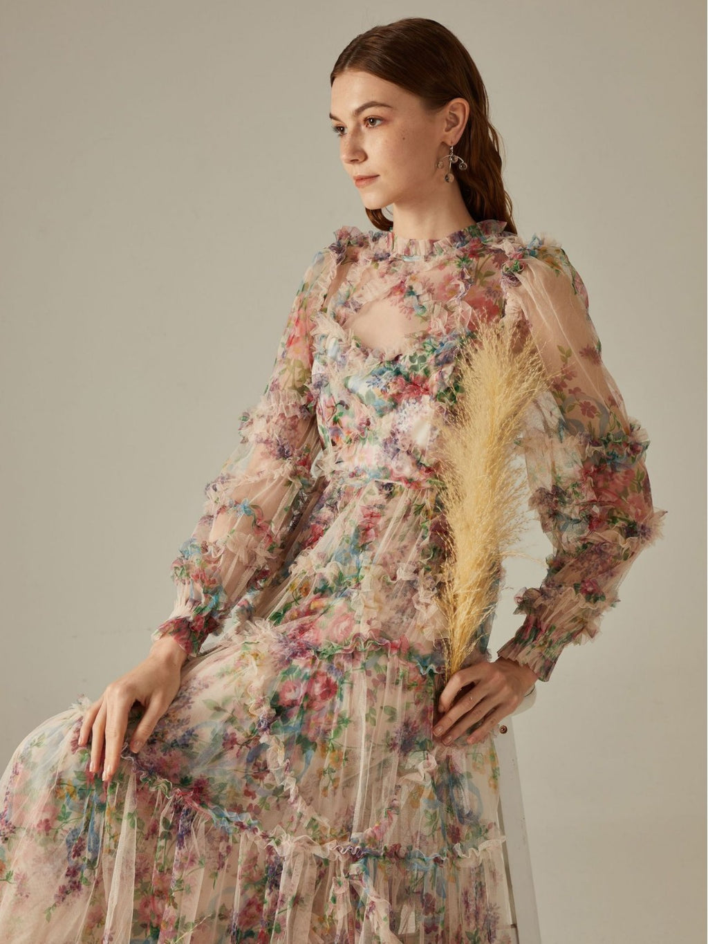 Candice Floral Ruffled Tulle Midi Dress-Apricot