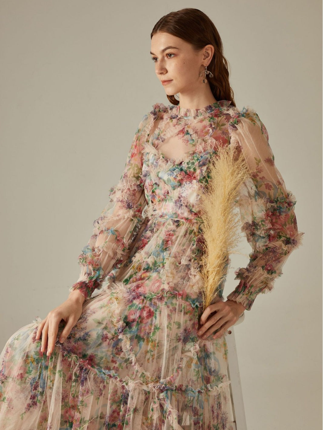 Candice Floral Ruffled Tulle Midi Dress-Apricot