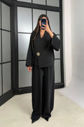 Elsa Floral Buckle Wrap Pant Suit-Black
