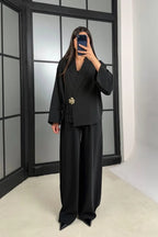 Elsa Floral Buckle Wrap Pant Suit-Black