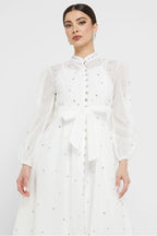 Rhinestone Sheer Tie Midi Dress-White