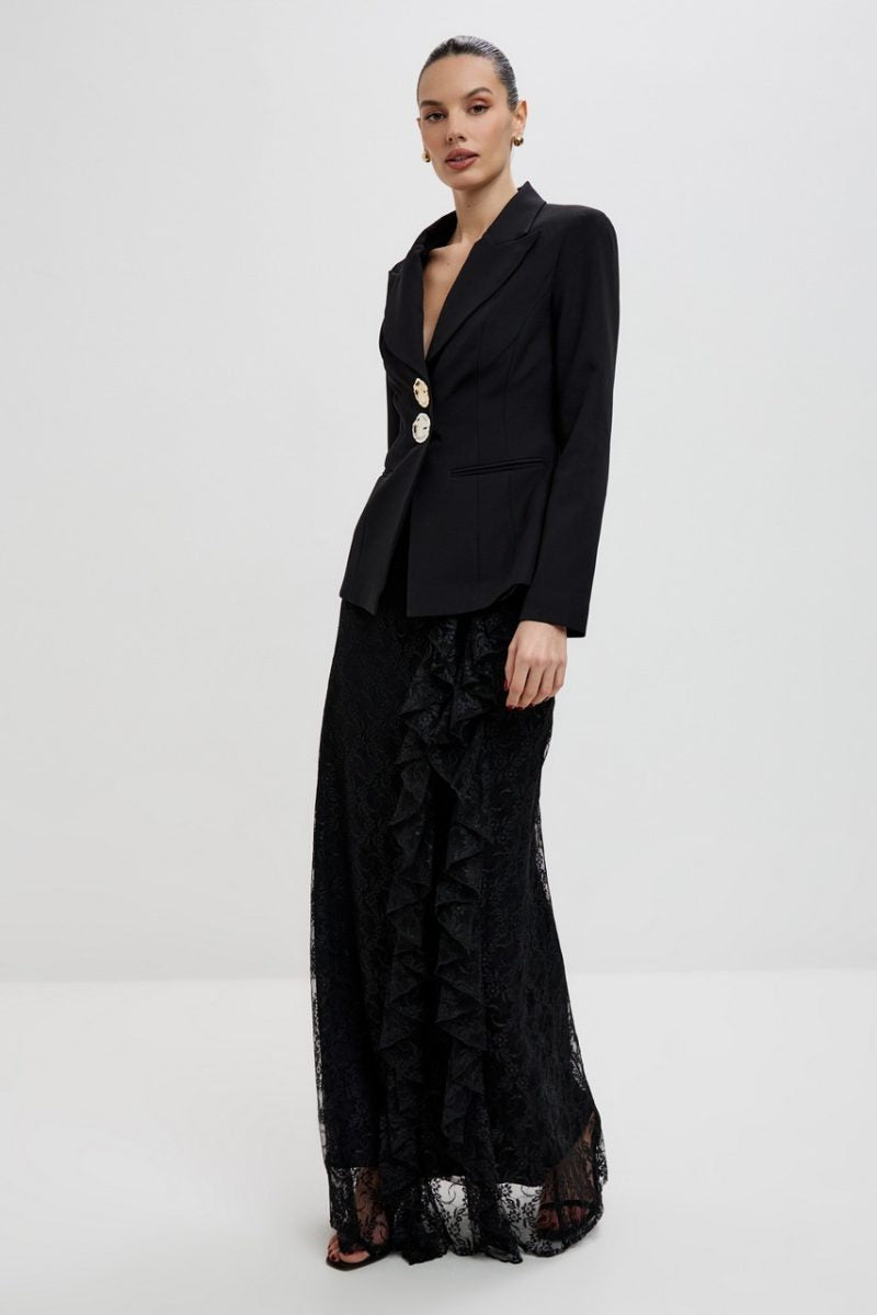 Blair Button Blazer Ruffle Lace Two Piece Set-Black